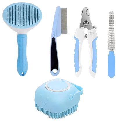 Pet Grooming Kit – Hair Remover Comb + Flea Comb + Shampoo Brush + Nail Clippers