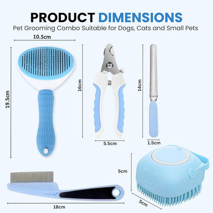 Pet Grooming Kit – Hair Remover Comb + Flea Comb + Shampoo Brush + Nail Clippers